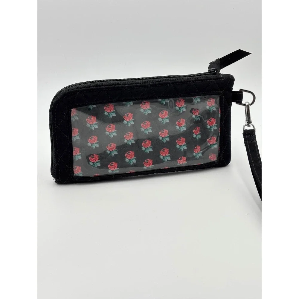 Vera Bradley Black Quilted Cotton Wristlet‎ Wallet Rose Floral Lining ID Window